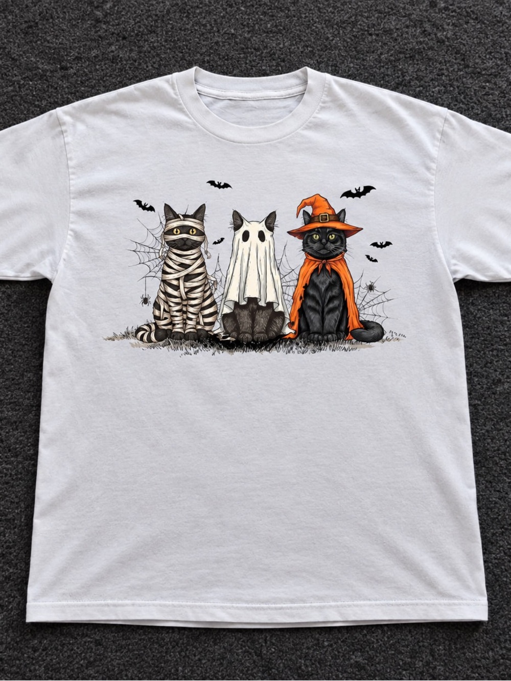 Halloween Cat Trio T-Shirt with Orange and Black Gildan White